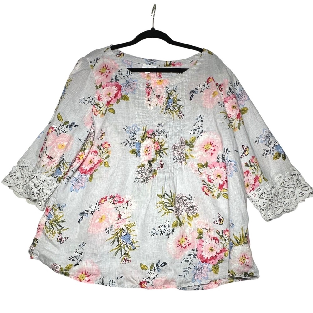 J.Jill Love Linen Floral Pintuck Blouse XL Bird Butterfly Crochet - Picture 2 of 8